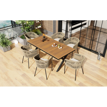 Garten-Essgruppe, 7-tlg, Garten-Lounge-Set aus Seil, 6 Sessel und 1 Tisch, Tisch aus Akazienholz, Mit Fußpolstern und sechs Sitzkissen, abnehmbar und waschbar