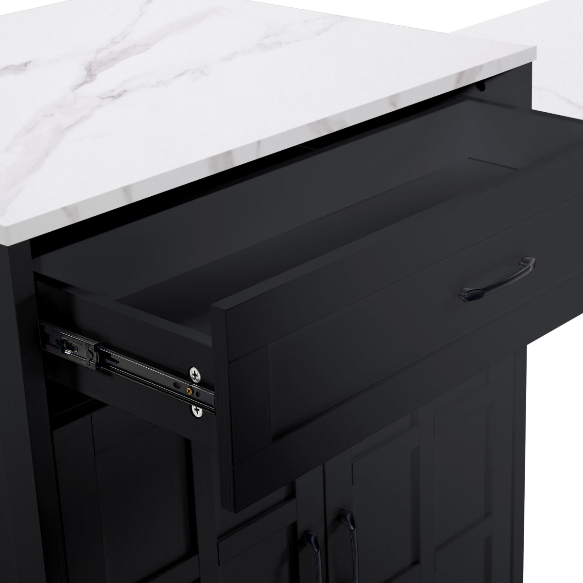 Bartisch ausziehbar 133-202cm, Kücheninsel mit Marmor-Optik & Stauraum, Esstisch für 2-6 Personen, Küchenwagen mit Schubladen & Regalen, Schwarz