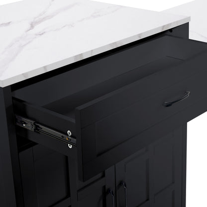 Bartisch ausziehbar 133-202cm, Kücheninsel mit Marmor-Optik & Stauraum, Esstisch für 2-6 Personen, Küchenwagen mit Schubladen & Regalen, Schwarz