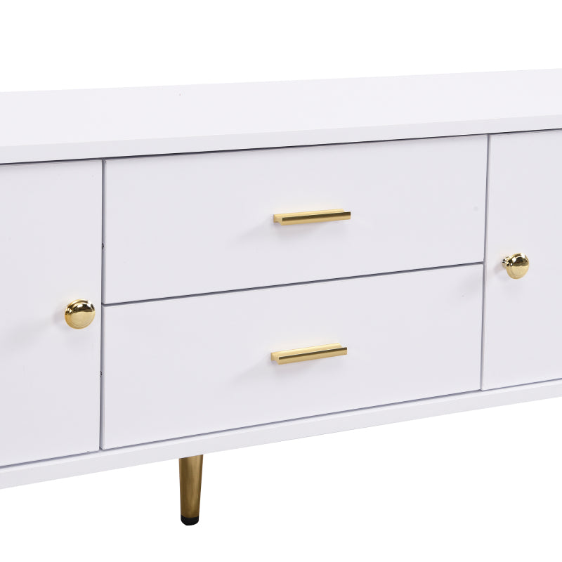 TV-Schrank mit Schubladen, geschwungenen Ecken, Wohnzimmer-TV-Schrank mit gewellten Seiten, goldenen Griffen und Beinen