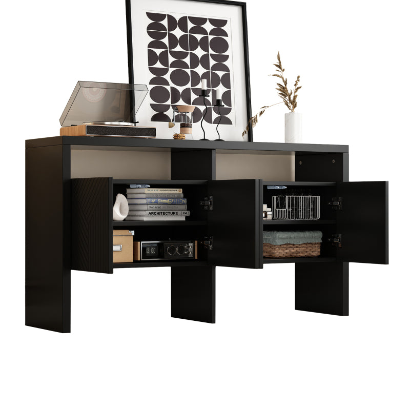 Kommode / Sideboard / Flurschrank mit 2 offenen Fächern und 4 Türen, Schwarz
