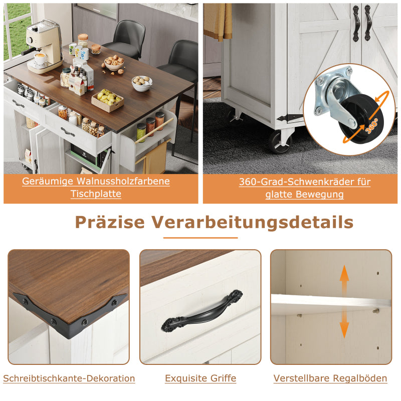 Kücheninsel, Servierwagen mit ausziehbarer Arbeitsplatte, Küchenschrank,Küchentrolley,Kücheninselwagen,Speisewagen mit vier Türen und zwei Schubladen,Speisewagen mit Holzmaserung