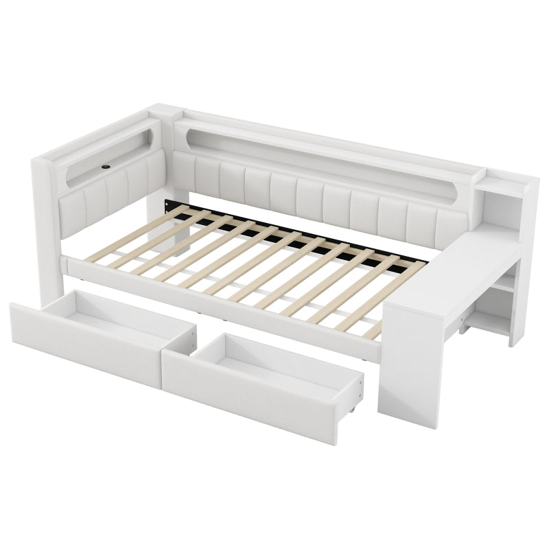 Gepolstertes 90x200 Daybed mit USB-Anschlüssen und LED-Gürtel, mit Schreibtisch und 2 Schubladen, weiß