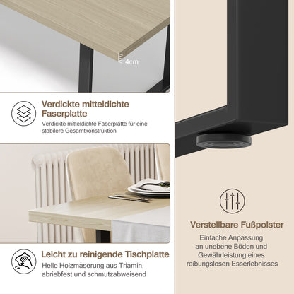 Esstisch 160x80 cm (6-8 Personen), Küchentisch Modern, S-Form Metallgestell, 4 cm Tischplatte, Verstellbare Füße