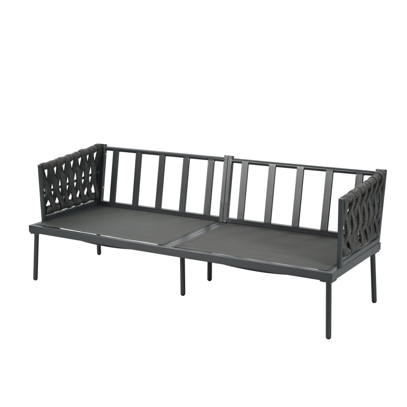 Garten Loungesessel Set, Gartenmöbel Set mit bequemen Kissen, 3er Sofa, 2 Sessel und Couchtisch, Outdoor, Glastischplatte, geflochtene Seilarmlehnen, verzinkter Stahl, grau