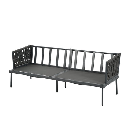 Garten Loungesessel Set, Gartenmöbel Set mit bequemen Kissen, 3er Sofa, 2 Sessel und Couchtisch, Outdoor, Glastischplatte, geflochtene Seilarmlehnen, verzinkter Stahl, grau