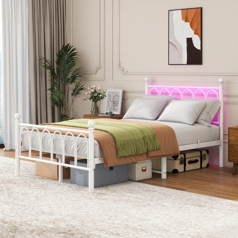 120x200cm Metall-Bettrahmen mit Vintage Kopf und Fußplatte, USB-Ladestation, LED-Bettrahmen, Heavy Duty Stahl Slat Unterstützung, Reichweite Unterbett-Speicher, Keine Box-Feder erforderlich, Weiß