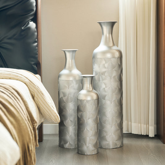 3er Set Bodenvase Silber, Metall, Wellenmuster, Hohe Übertöpfe 83/66/50 cm