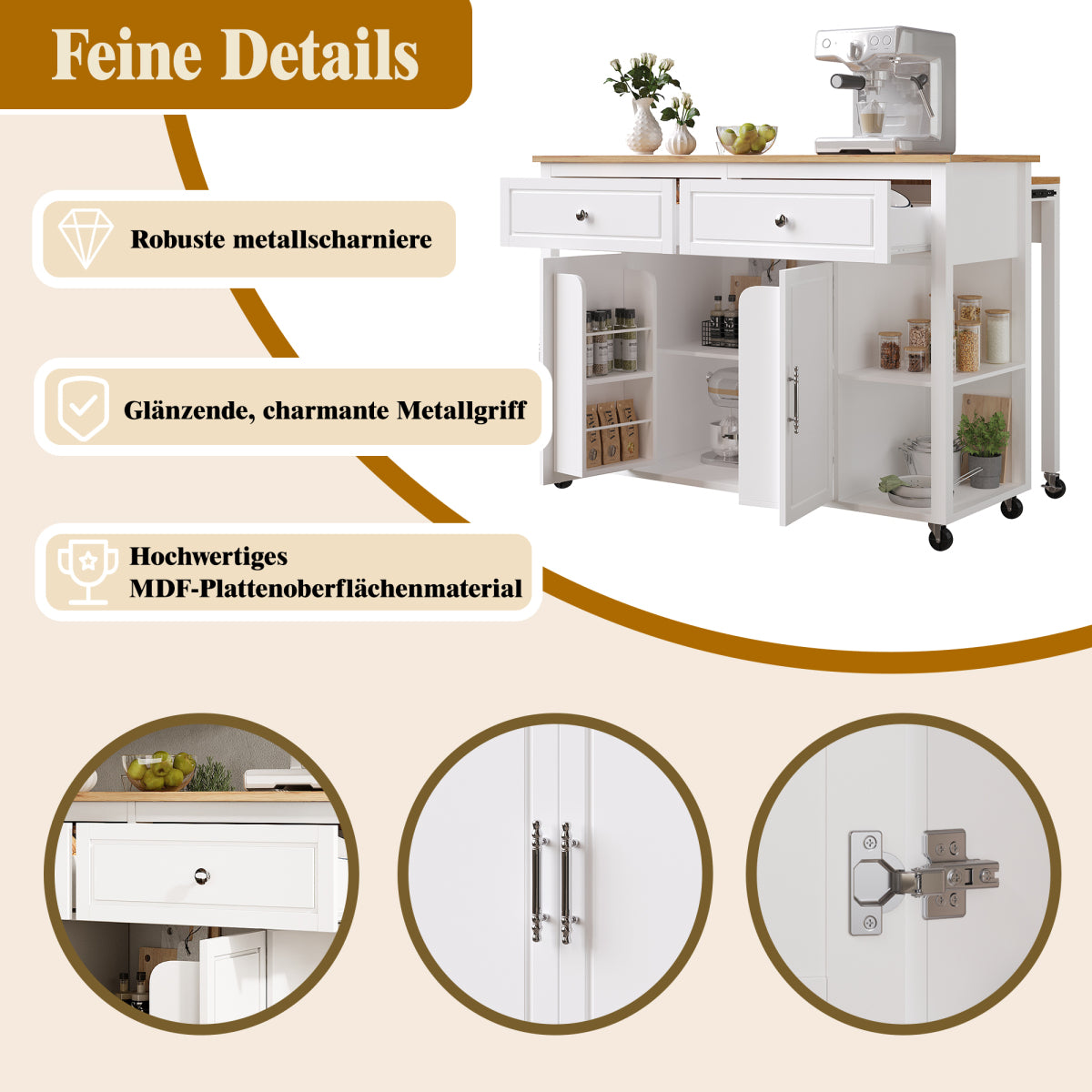 Kücheninsel mit Rollen & ausziehbarer Platte, Servierwagen Weiß/Holzoptik, 120cm Sideboard mit 7 Rollen, 2 Schubladen & verstellbaren Regalen