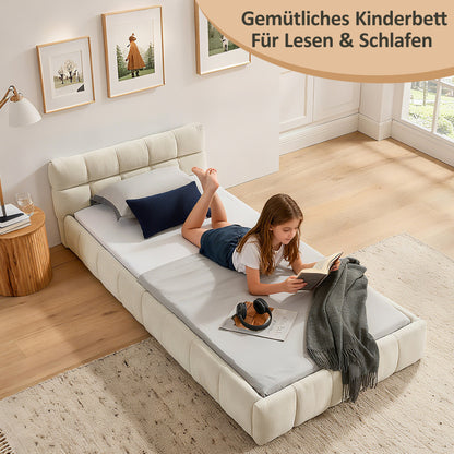 Einzelbett 90*200 cm, Kinderbett mit seidig weichem Chenille - Bezug, quadratischem Steppdesign, Beige (ohne Matratze)