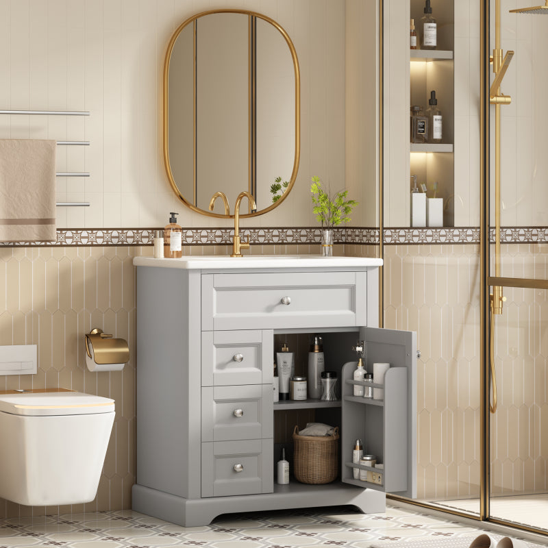 76x46x87cmBodenstehender Badezimmerschrank mit Waschbeck, Waschtisch, feuchtigkeitsbeständig lackiert, Soft-Close-Schubladenführungen, Türregale,ausklappbare Schublade,verstellbare Ablagefläche, grau