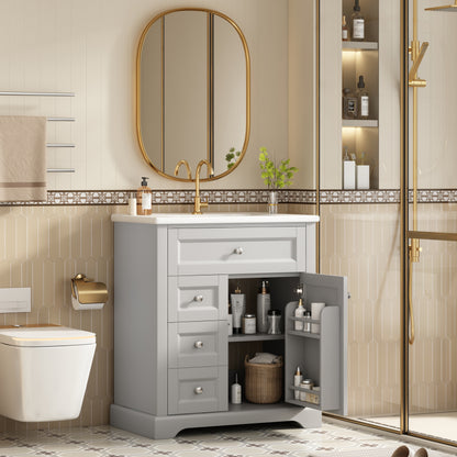76x46x87cmBodenstehender Badezimmerschrank mit Waschbeck, Waschtisch, feuchtigkeitsbeständig lackiert, Soft-Close-Schubladenführungen, Türregale,ausklappbare Schublade,verstellbare Ablagefläche, grau