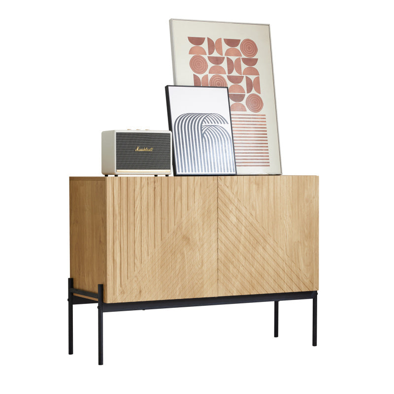 Sideboard mit 2 Türen und Metallbeinen, Buffet, Kommode mit Linien-Design, Maße: H 75 cm / B 100 cm / T 40 cm