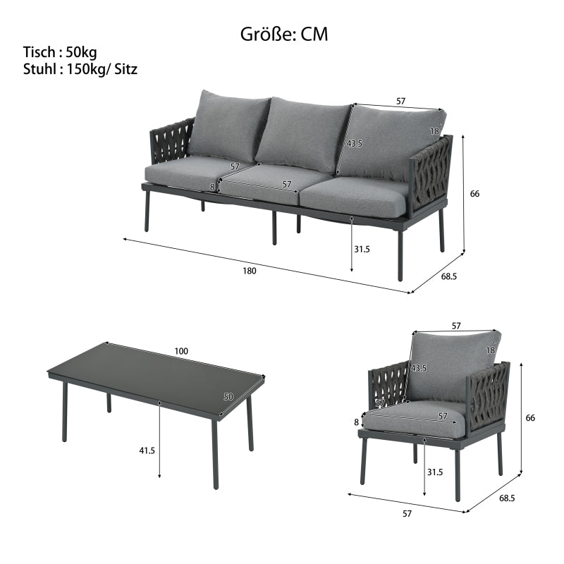 Garten Loungesessel Set, Gartenmöbel Set mit bequemen Kissen, 3er Sofa, 2 Sessel und Couchtisch, Outdoor, Glastischplatte, geflochtene Seilarmlehnen, verzinkter Stahl, grau