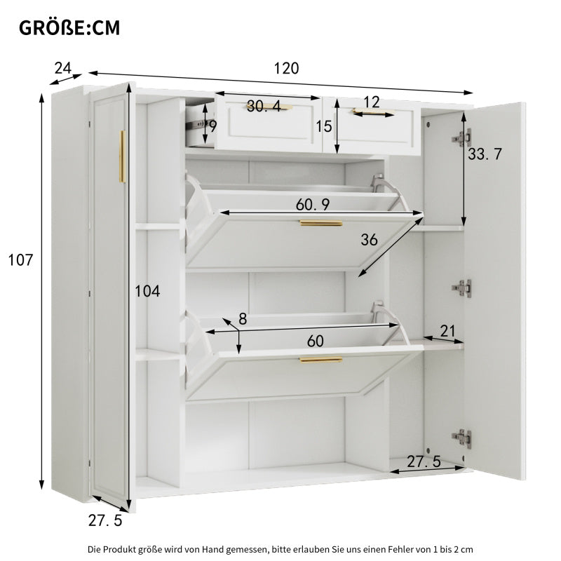 Moderne Schuhschrank, mit verstellbaren Regalen, goldenen Griffen, 2 Schubladen, Klappschuhschrank und 2 Türen, weiß