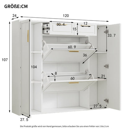 Moderne Schuhschrank, mit verstellbaren Regalen, goldenen Griffen, 2 Schubladen, Klappschuhschrank und 2 Türen, weiß
