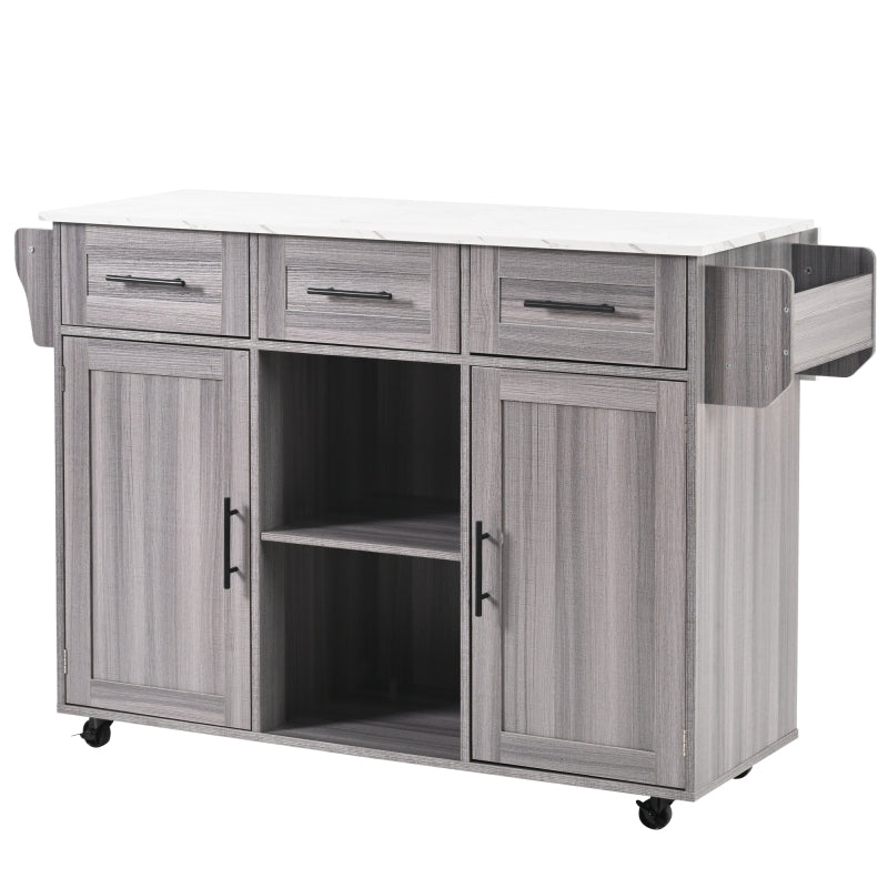 139x46(71)x91.5 cm großer Servierwagen/Beistellschrank, graues Massivholz-Furnier für den Korpus + weiße Marmor-Furnierdekoration für die Arbeitsplatte, Schrank/klappbare Arbeitsfläche/Stauraumtüren/r
