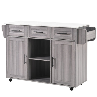 139x46(71)x91.5 cm großer Servierwagen/Beistellschrank, graues Massivholz-Furnier für den Korpus + weiße Marmor-Furnierdekoration für die Arbeitsplatte, Schrank/klappbare Arbeitsfläche/Stauraumtüren/r