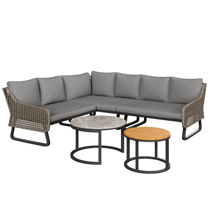 Gartenmöbel-Set für 6-7 Personen, Outdoor-Lounge-Set, Rattan-Handwerk, mit zwei Tischen, mit verzinktem Eisengestell, verstellbare Beine, inklusive aller Sitz- und Rückenkissen, grau