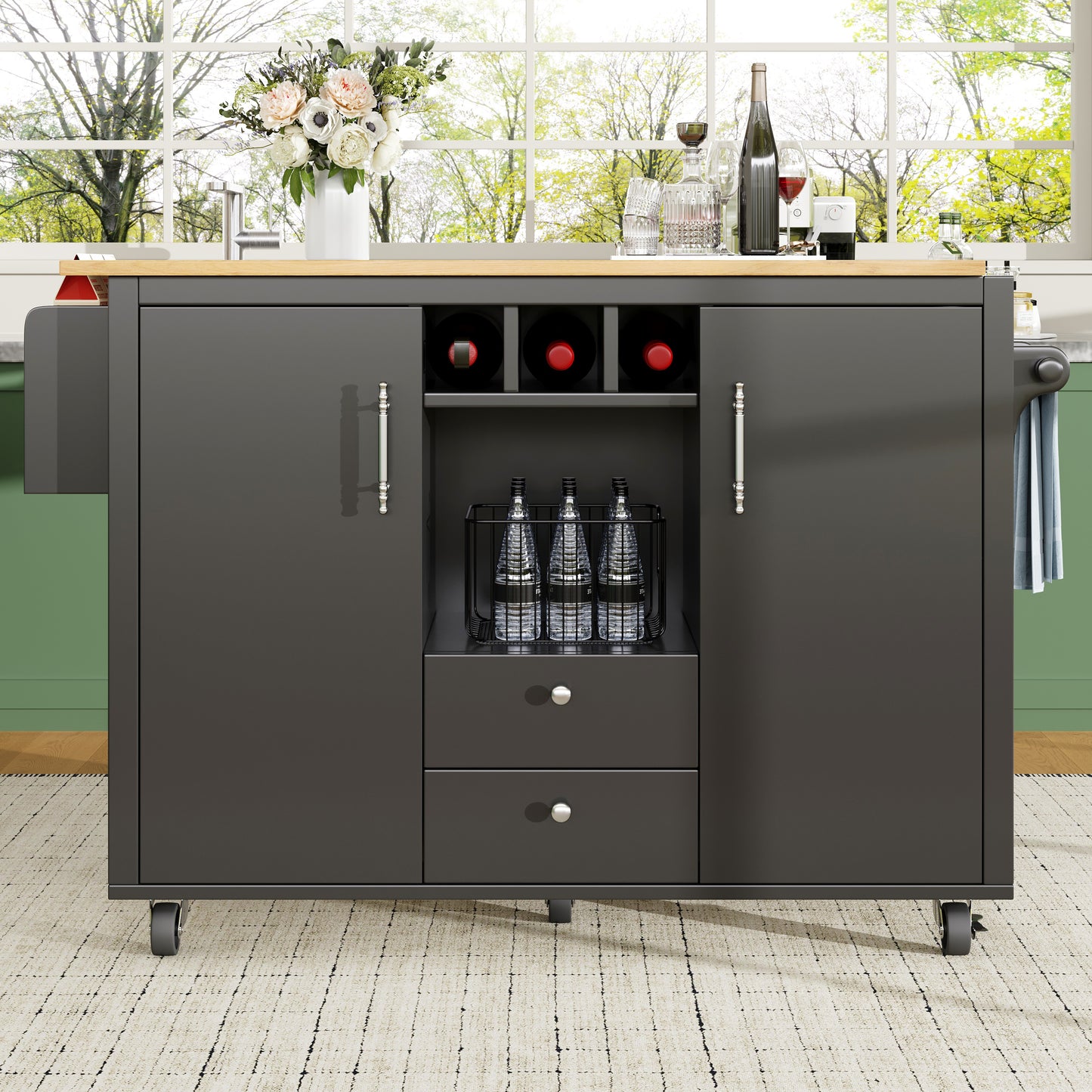 Kücheninsel Buffetschrank 120x73x92cm Küchenwagen klappbare Arbeitsplatte Handtuchhalter Gewürzregal Weinregal verstellbare Böden Küchenschrank Schwarz