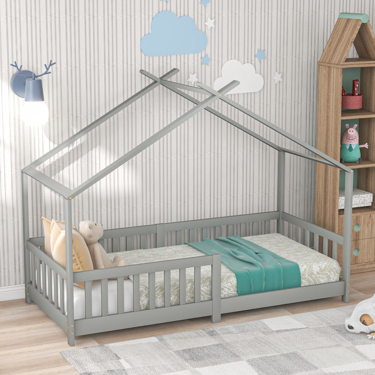 Hausbett 90x200 Grau, Kinderbett mit Rausfallschutz & Lattenrost, Abenteuerbett Kiefer Massivholz