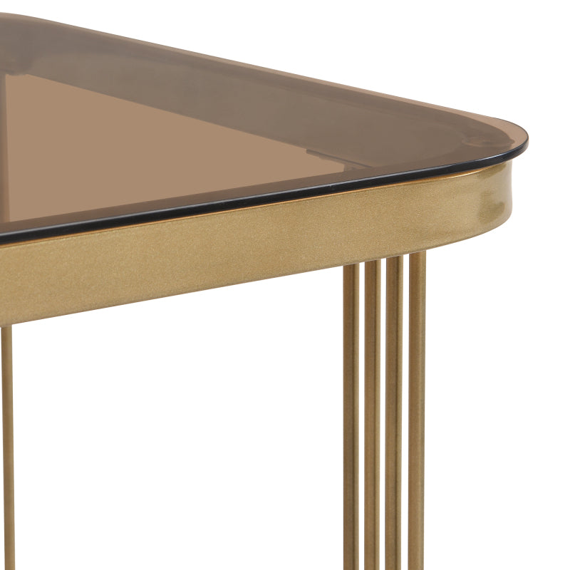 Stapelbarer Couchtisch: hochglänzende Marmoroptik und Teebraun Glasplatte, goldene Akzente, Beistelltisch mit Schubladen.  zweiteiliges Set