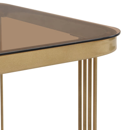 Stapelbarer Couchtisch: hochglänzende Marmoroptik und Teebraun Glasplatte, goldene Akzente, Beistelltisch mit Schubladen.  zweiteiliges Set