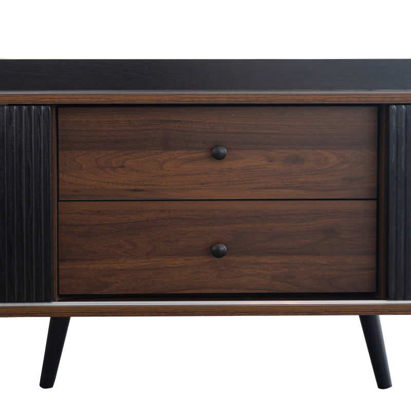 TV-Schrank mit zwei Schubladen, Fernsehtisch TV Board, TV- Lowboard niedrige Platte mit zwei Schiebetüren. Exquisite Textur. Schwarz und natürliches Holzfarbe. H58/L160/T40 cm