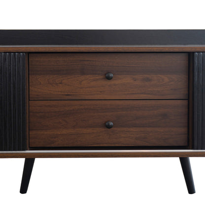 TV-Schrank mit zwei Schubladen, Fernsehtisch TV Board, TV- Lowboard niedrige Platte mit zwei Schiebetüren. Exquisite Textur. Schwarz und natürliches Holzfarbe. H58/L160/T40 cm