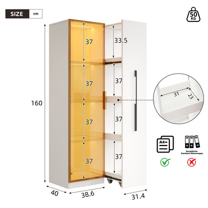 Vitrine 70x40x160cm mit LED-Beleuchtung & Seitenauszug - Weißer Glasschrank mit bernsteinfarbenem Glas, Gold-Akzenten & Rollen