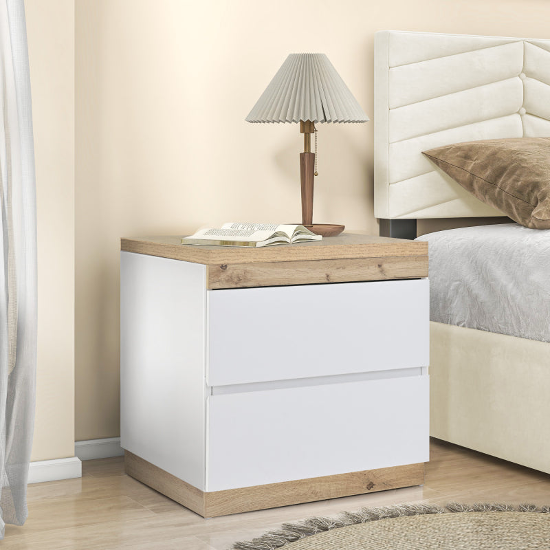 Nachttisch, Nachtschrank mit zwei Schubladen, Nachtkommode, Funktion von Aufbewahrung, für Schlafzimmer, E1-Spanplatte, weiß+oak