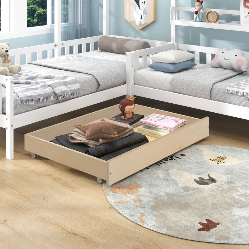 Kinderbett Hausbett mit Schubladen und Regalen, Massivholz mit Zaun und Lattenrost, L-Struktur, Weiß (90x200 cm+140x70cm)