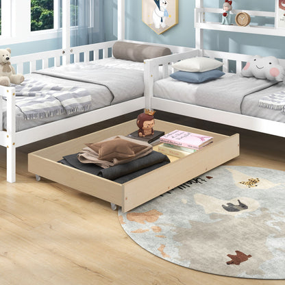 Kinderbett Hausbett mit Schubladen und Regalen, Massivholz mit Zaun und Lattenrost, L-Struktur, Weiß (90x200 cm+140x70cm)