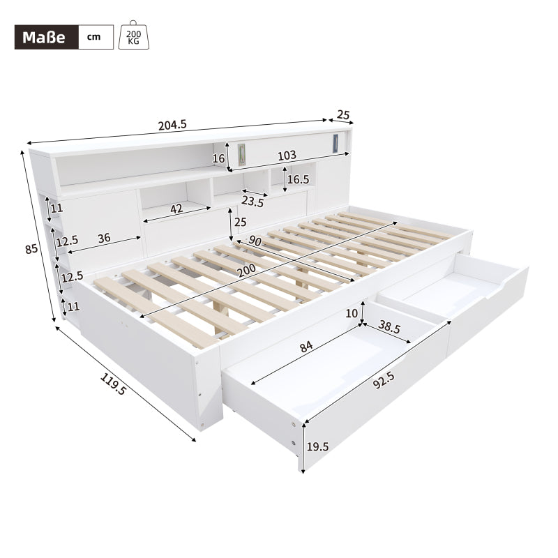 Daybed,Kinderbett,90*200cm,Einzelbett,Multifunktionales Kinderbett mit Schubladen,Bücherregal und Stauschrank,Bettkasten mit Stauraum,ohne Matratze,weiß