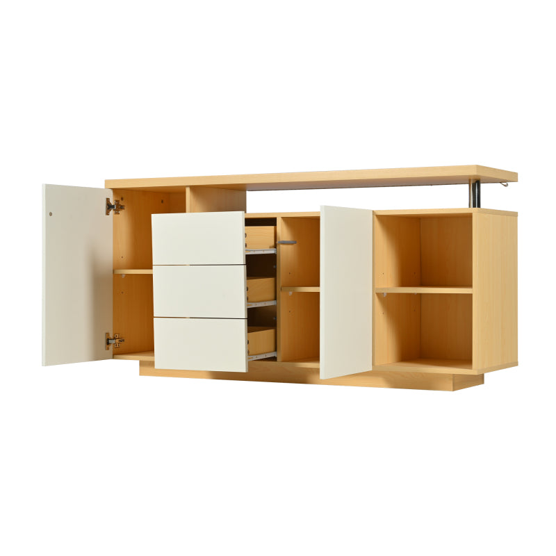 Multifunktionales Sideboard, Länge 140 cm, weiß und Holzimitat - 2 Türen, 3 Schubladen, 2 offene Fächer, mit LED-Beleuchtung