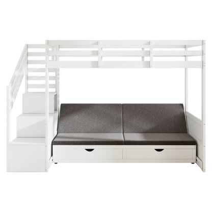 Kinder-Etagenbett, Doppelbett, multifunktionales Kinderbett,Mit Treppenschrank und 2 Schubladen, ohne Matratze, Die untere Ebene als Bett oder Sofa genutzt und enthält Kissen , weiß, 90*200