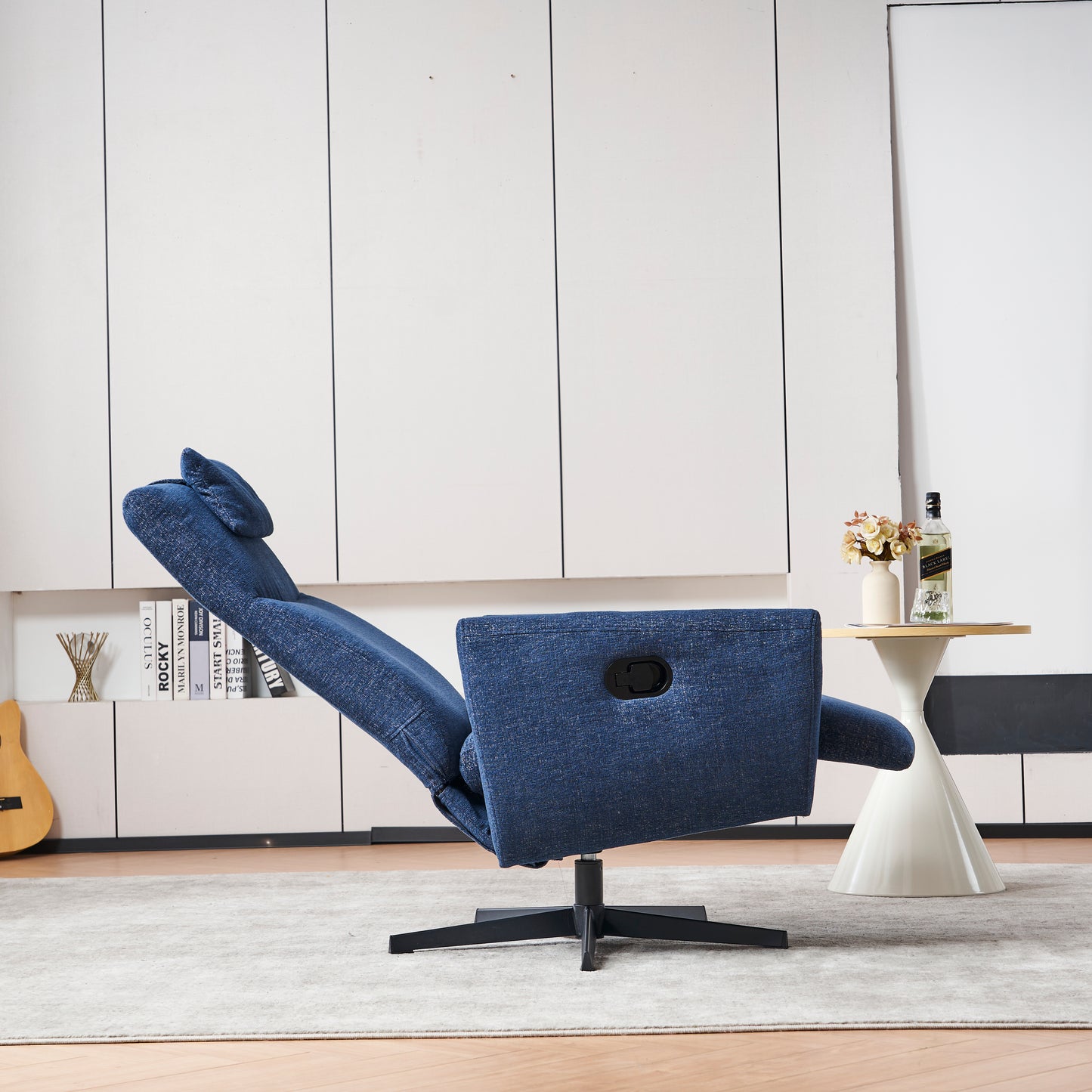 Bequemer Relaxsessel mit Liegefunktion – Chenille Fernsehsessel mit Fußstütze, drehbarer Stillsessel & Loungesessel für Wohnzimmer, modernes Sofa, Blau