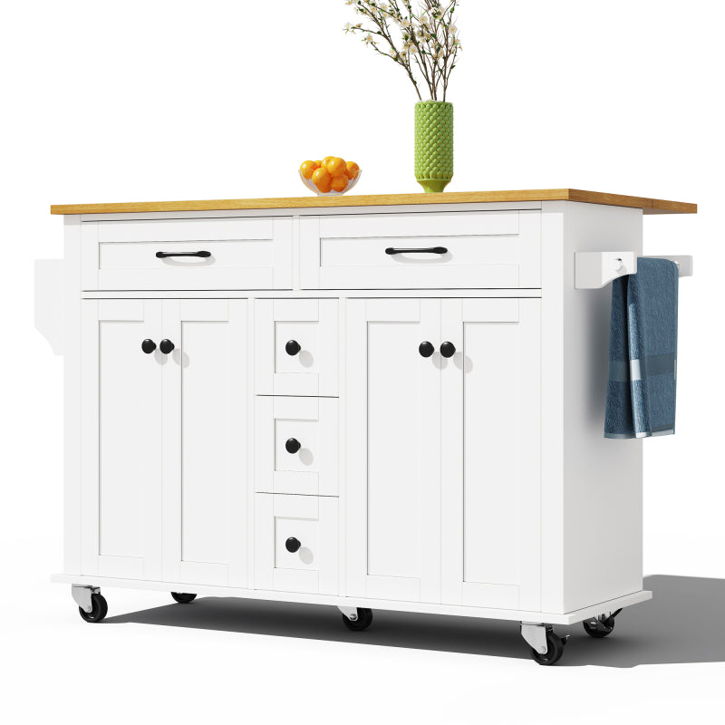 Multifunktionaler Küchenwagen mit ausklappbarer Arbeitsplatte, 120×65 cm erweiterbar, mit 5 Schubladen, Schränken, Gewürz- & Handtuchhalter, auf Rollen – Kücheninsel für Küche, Esszimmer & Wohnzimmer