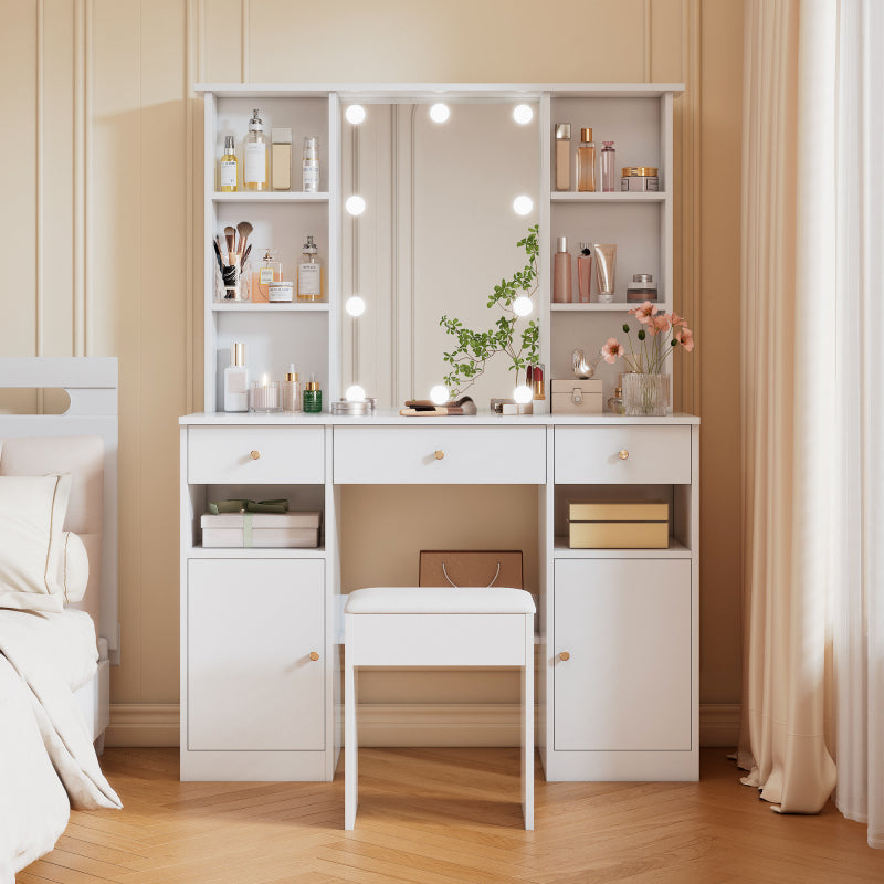 Großer Schminktisch, Make-up Tisch mit verstellbarer LED-Beleuchtung,  Weiß