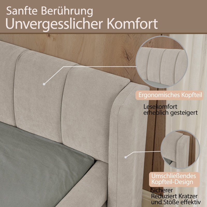 Doppelbett 140×200cm, Chenillestoff, komfortable Rückenlehne, robustes Eukalyptus- und Eisengestell, einfach zu montieren, Beige (ohne Matratze)