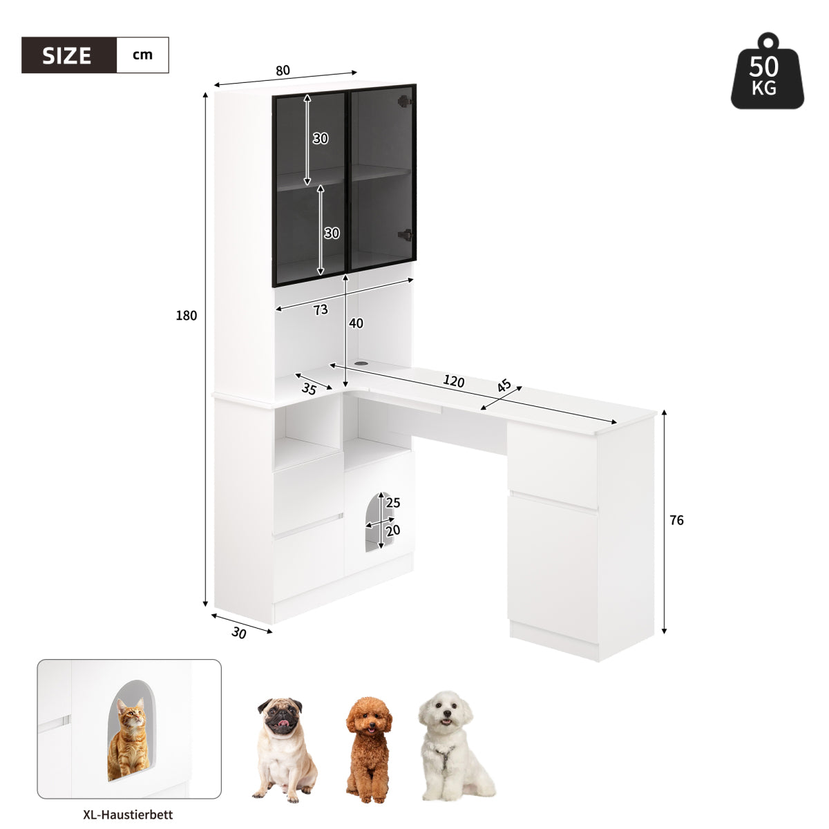 Eckschreibtisch mit Regal 180 cm, Schreibtisch Weiß mit LED-Vitrine (7 Farben), Katzenfach (Haustierfach)