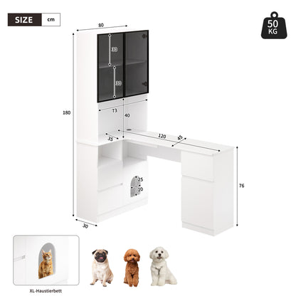 Eckschreibtisch mit Regal 180 cm, Schreibtisch Weiß mit LED-Vitrine (7 Farben), Katzenfach (Haustierfach)