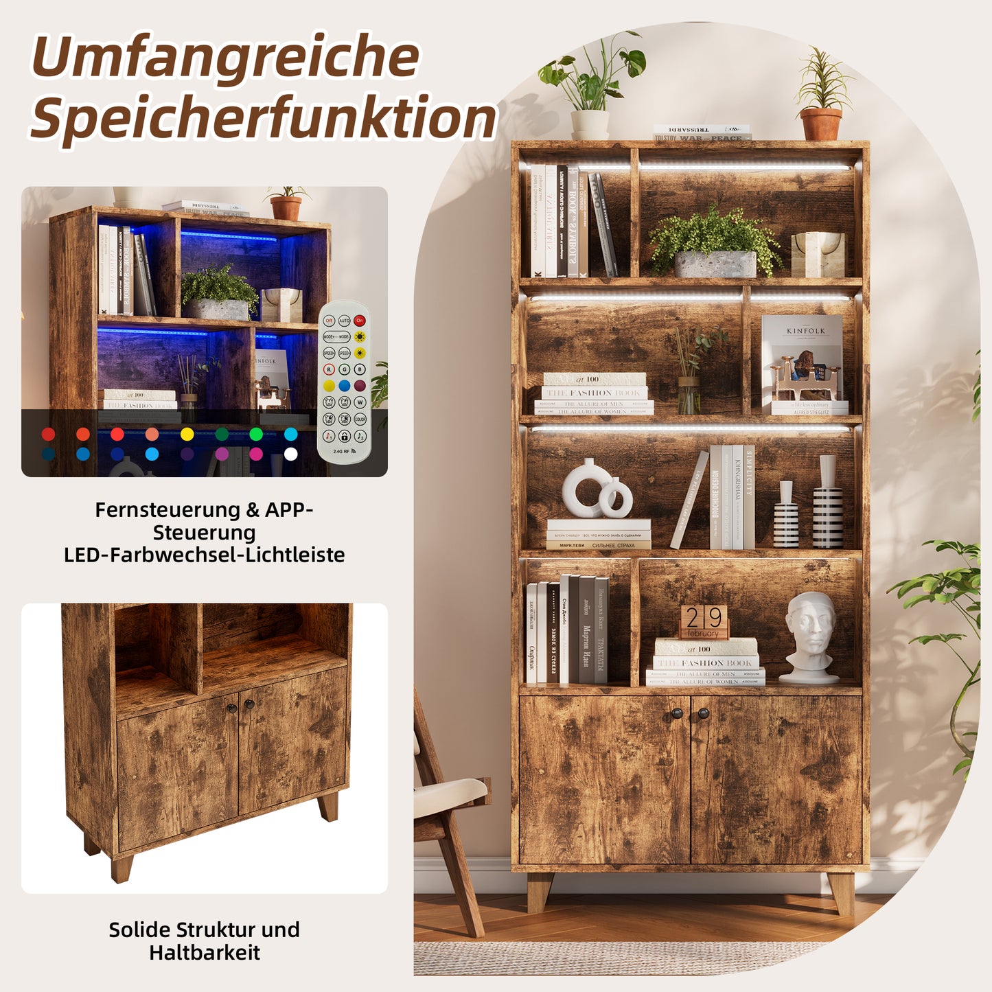 Bücherregal, LED-Farbwechsel-Ambientelicht, Fernbedienung, einfache Form, braun