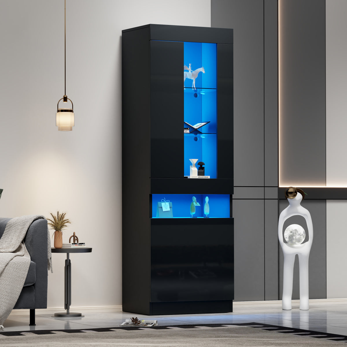 Vitrine Schwarz Hochglanz, LED-Beleuchtung, 180 cm, Glaskantenbeleuchtung