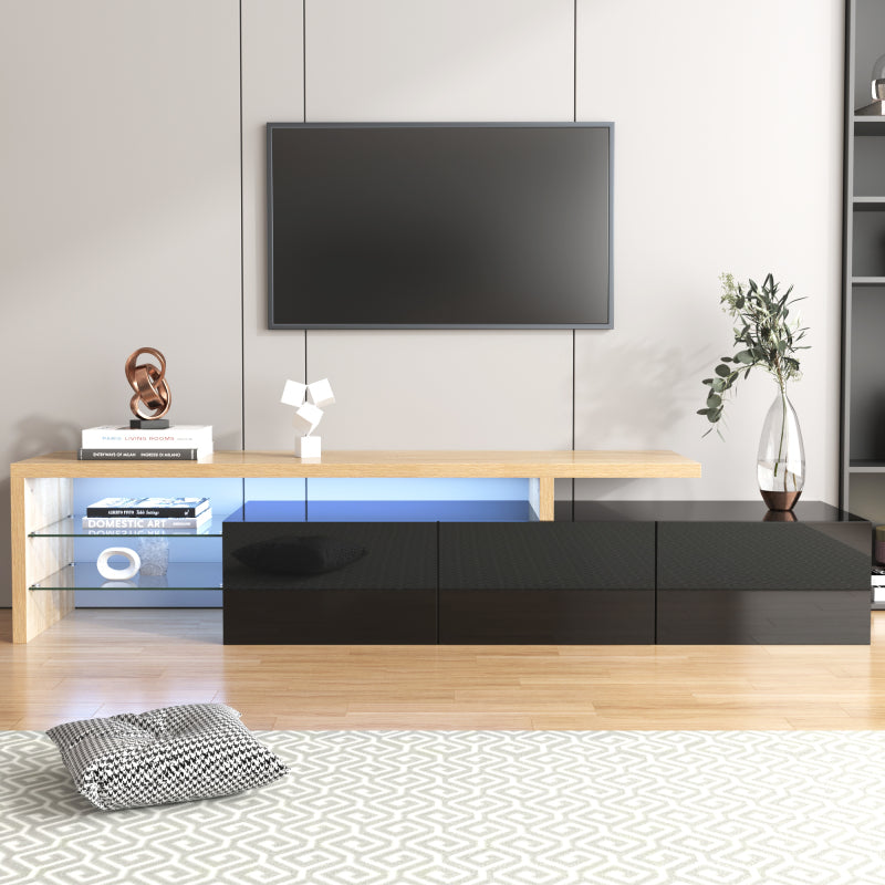 Modernes TV-Schrank-Design: Stilvolle Eleganz, praktischer Stauraum, Hochglänzendes Schwarz, Holzoptik, Glasböden, LED-Beleuchtung