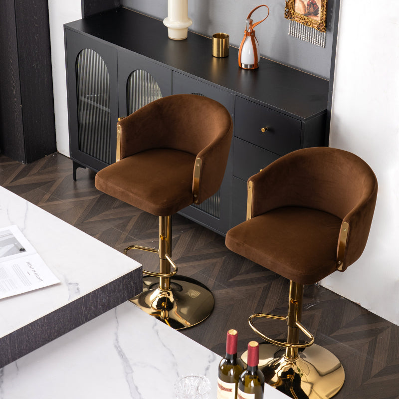 Moderner drehbarer höhenverstellbarer Barhocker, moderner Barhocker für Küche, Bar und Restaurant Theken, Hubhocker mit Rückenlehne und goldener Fußstütze (brown.Set of 2)