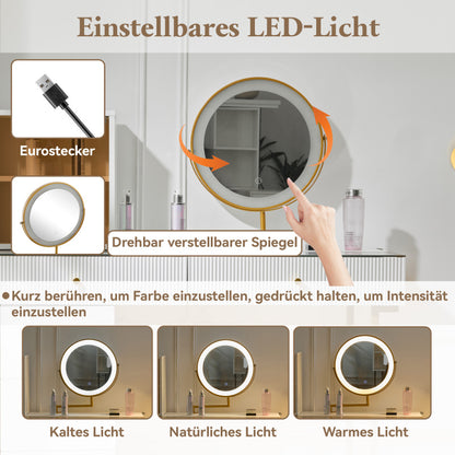 Schminktisch-Set mit LED-beleuchtetem Spiegel, transparenter Tischplatte aus gehärtetem Glas, Schminktisch-Seite und Schrank, elegante Möbel, weiß, Maße: 120 x 45 x 115 cm(ohne Hocker)