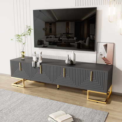 TV-Schrank,lowboard mit strukturierter Tür, TV-Möbel, goldenen Griffen und goldenen Füßen.