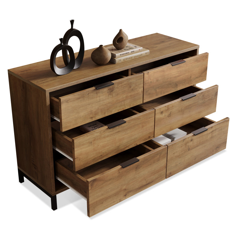 Kommode, Sideboard mit 6 Schubladen, 120 x 40 x 76 cm in Dunkle Eiche, Sideboard Highboard für Schlafzimmer & alle Wohnräume