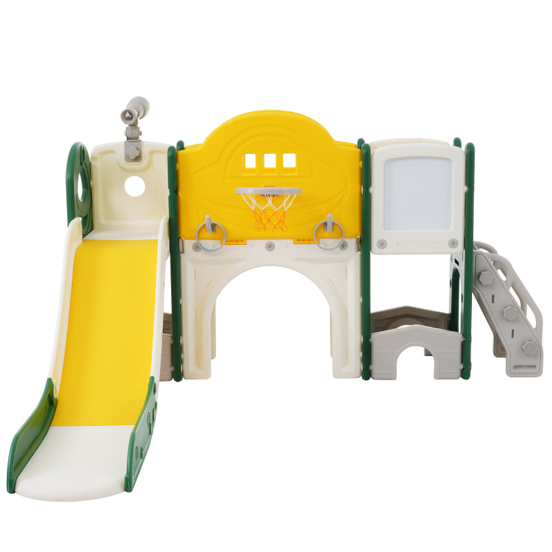 10 in 1 Kinderrutsche Kletterspielzeug, Multifunktionsrutsche Rutschen, freistehende Rutsche, Klettern, Bohrspiel, Stauraum, Spielkorridor, Basketballkorb, Lasso-Spiel, Reißbrett, Golfspiel, Teleskop